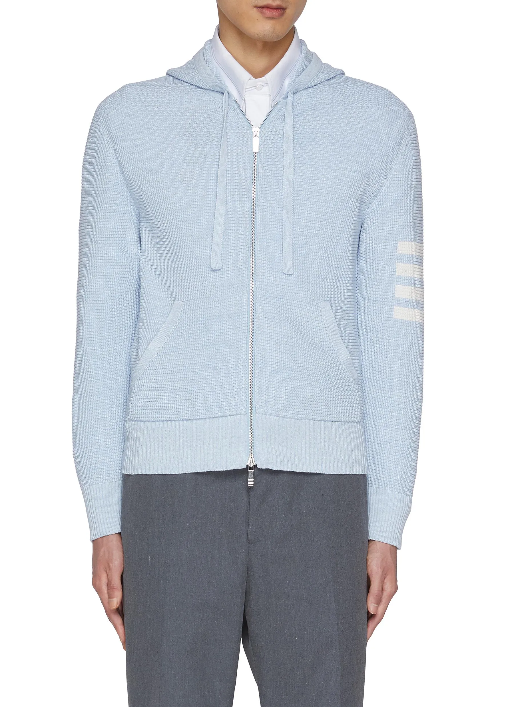 -----------THOM BROWNE  ---- ------------LIGHT BLUE ----Textured Four Bar Stripe Zip Up Hoodie --