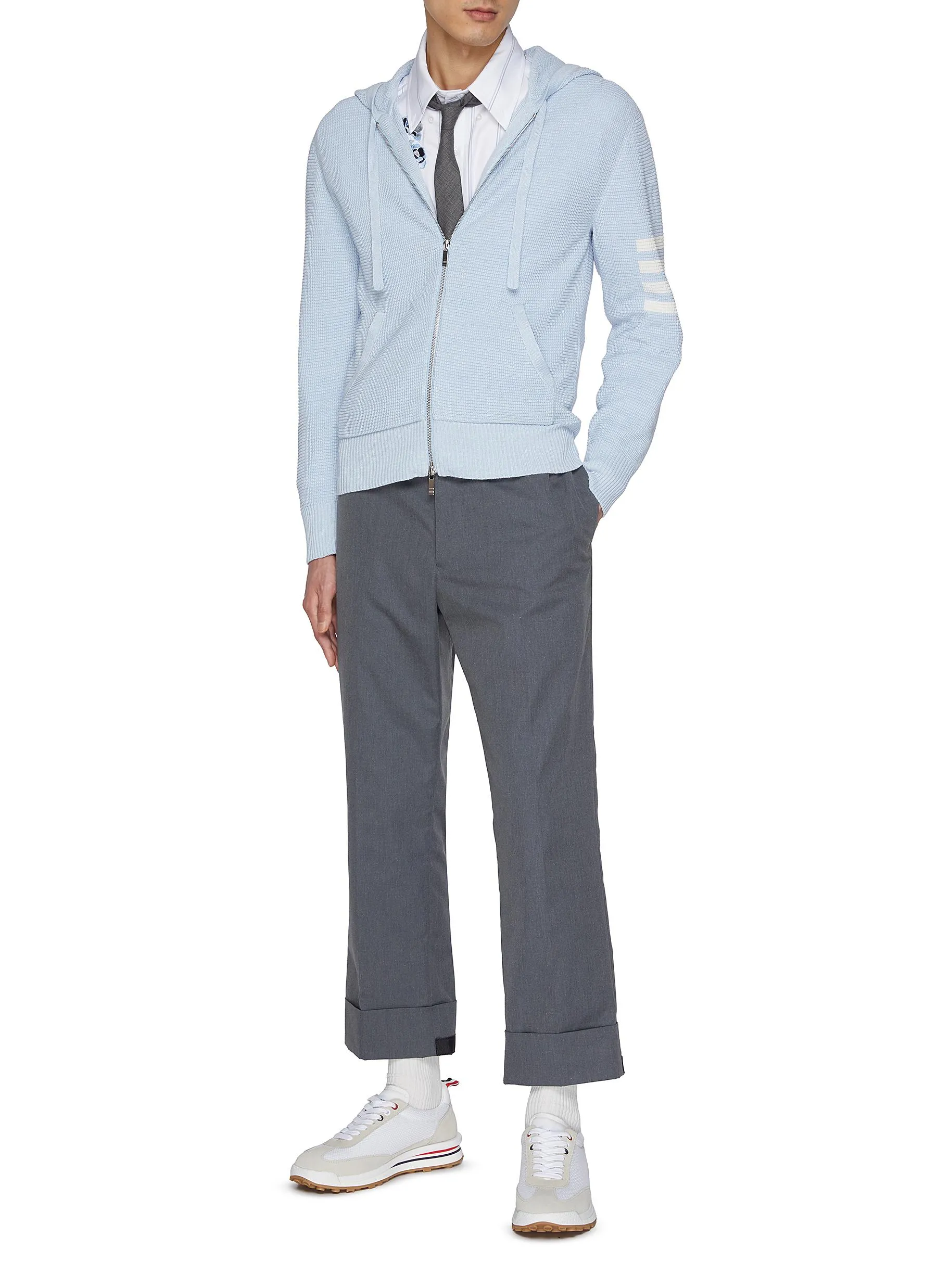 -----------THOM BROWNE  ---- ------------LIGHT BLUE ----Textured Four Bar Stripe Zip Up Hoodie --