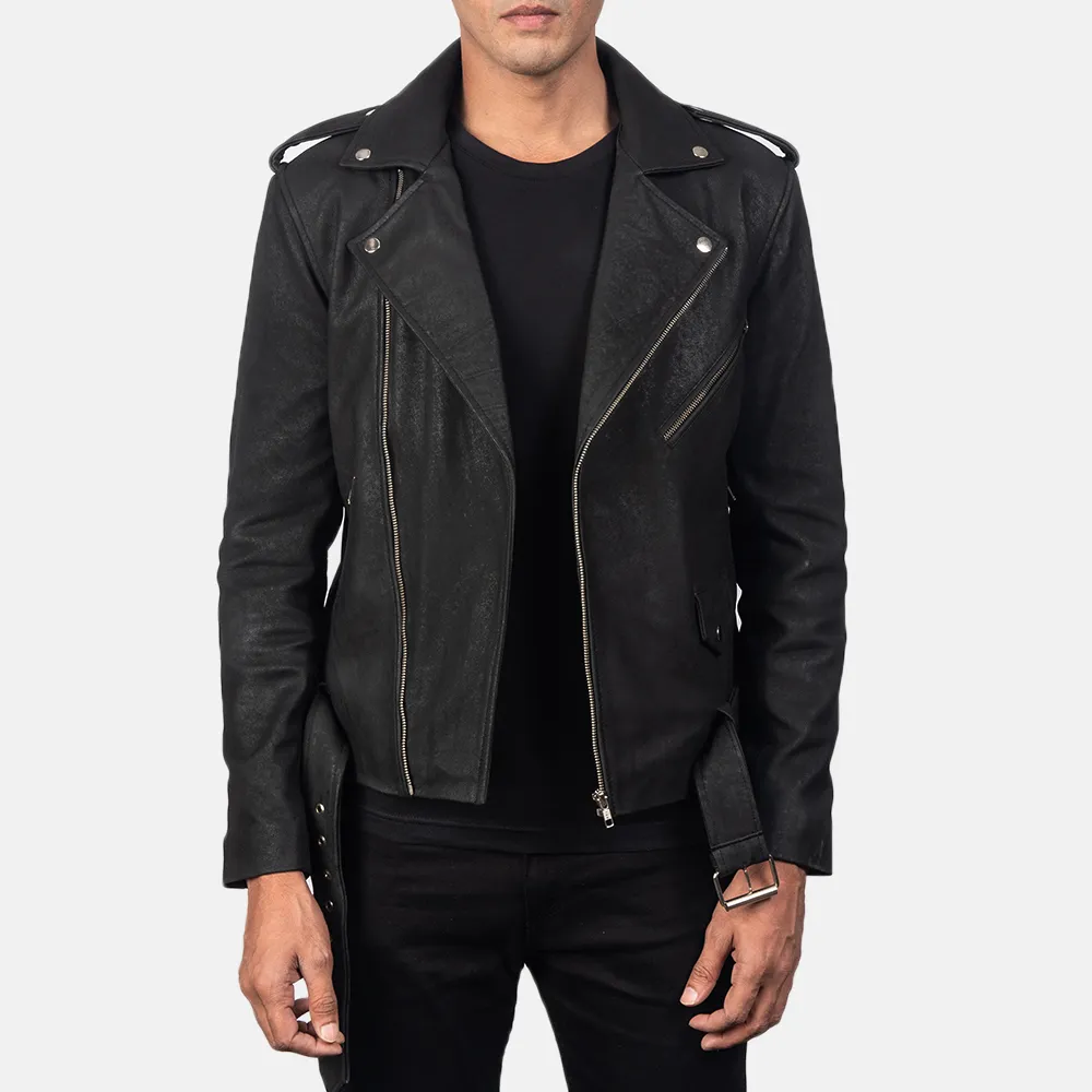 Allaric Alley Distressed Black Leather Biker Jacket - Horizon Leathers