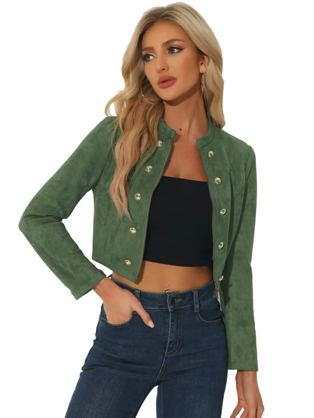 Allegra K- Faux Suede Stand Collar Double Breasted Zip Cropped Jacket