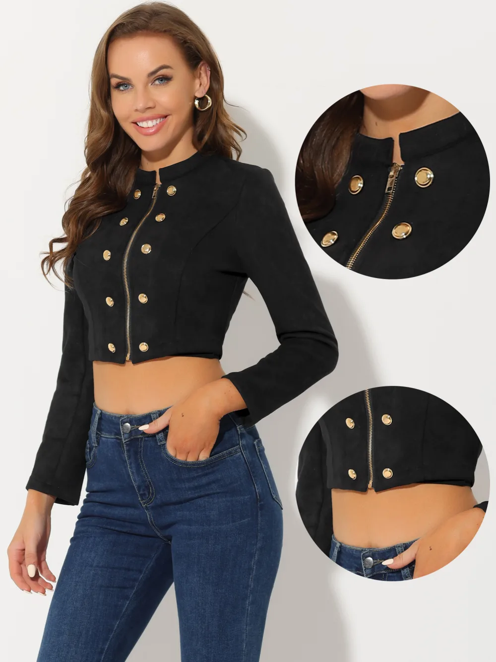 Allegra K- Faux Suede Stand Collar Double Breasted Zip Cropped Jacket