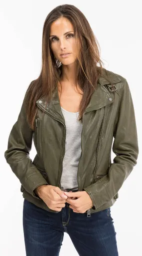 Almond oakwood women's leather jacket biker style 62065