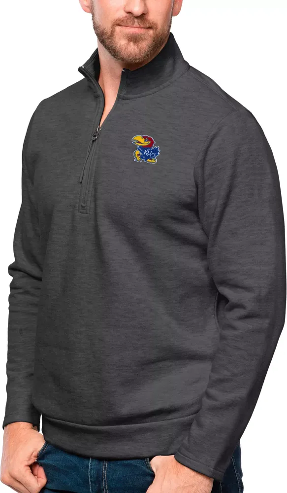 Antigua Men's Kansas Jayhawks Black Heather Gambit 1/4 Zip Jacket