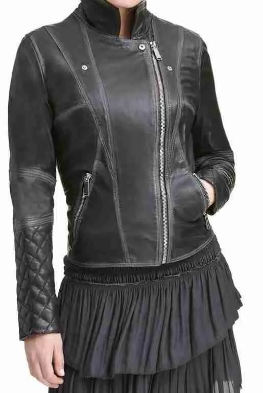 Asymmetrical Style Womens Black Quilted Motorcycle Leather Jacket