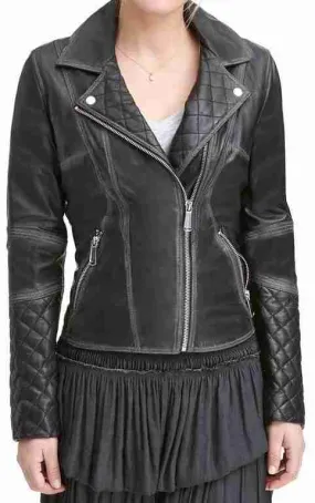 Asymmetrical Style Womens Black Quilted Motorcycle Leather Jacket