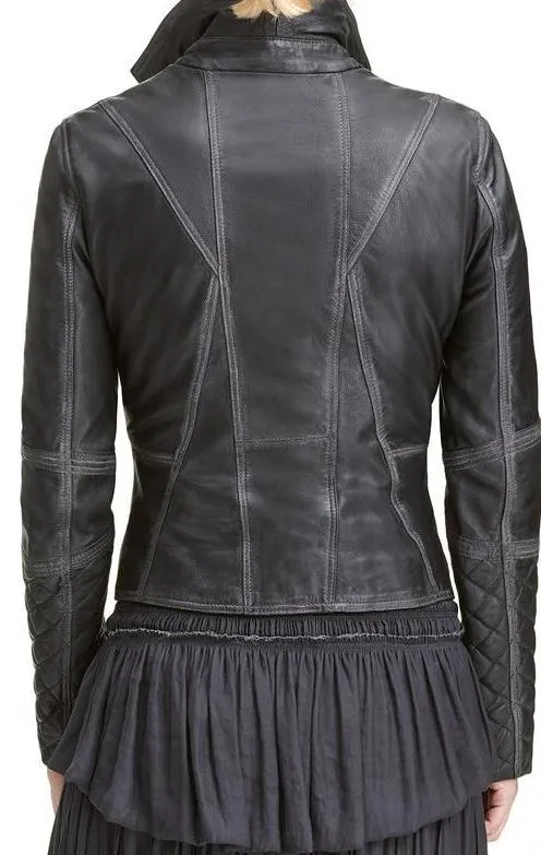 Asymmetrical Style Womens Black Quilted Motorcycle Leather Jacket