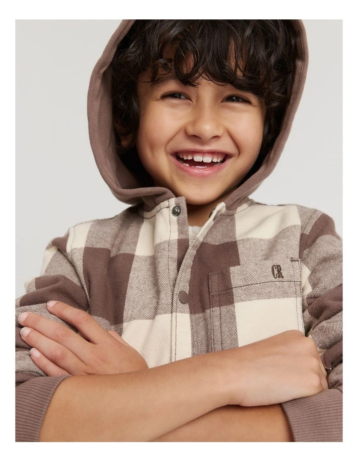 Australian Cotton Check Hooded Shirt in Chocolate