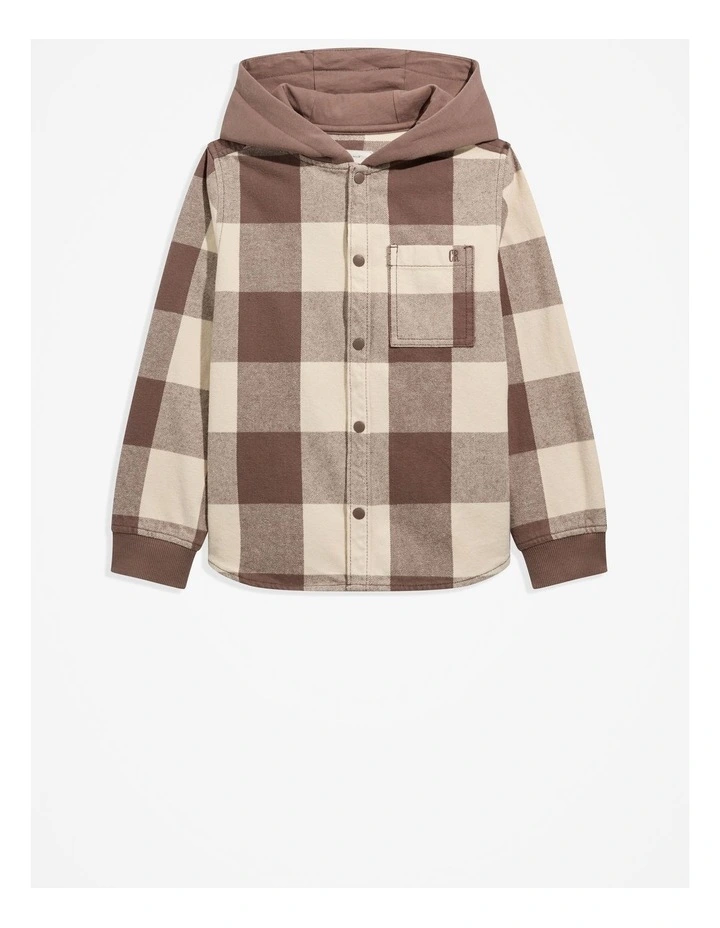 Australian Cotton Check Hooded Shirt in Chocolate