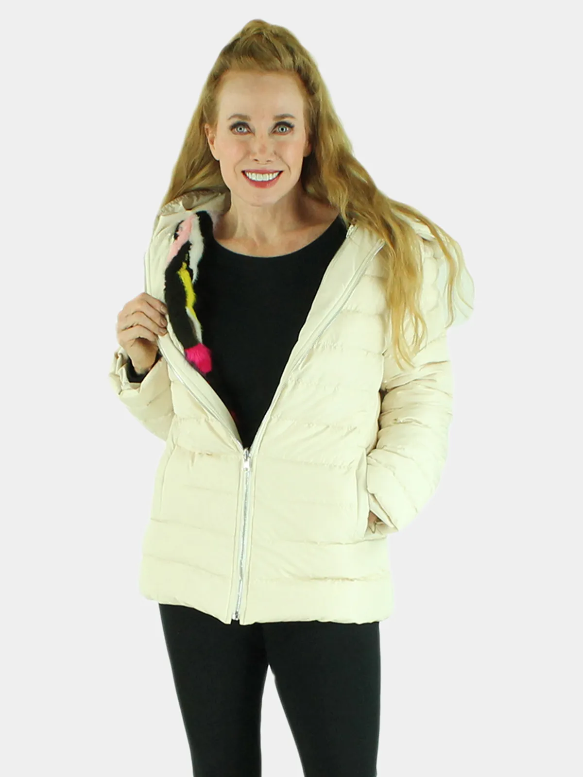 Beige Quilted Fabric Jacket with Zip-out Multicolored Mink Liner | Day Furs