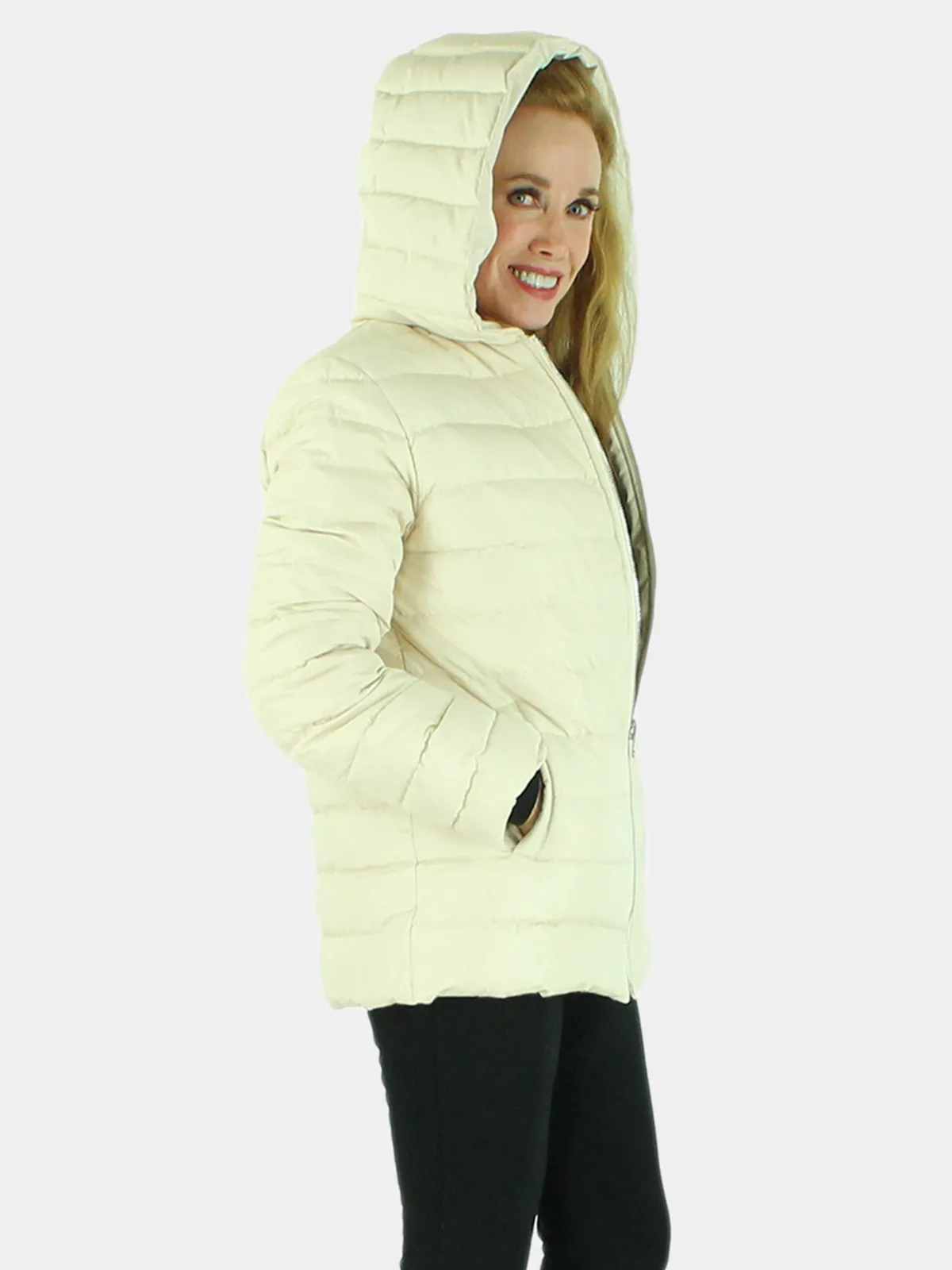 Beige Quilted Fabric Jacket with Zip-out Multicolored Mink Liner | Day Furs