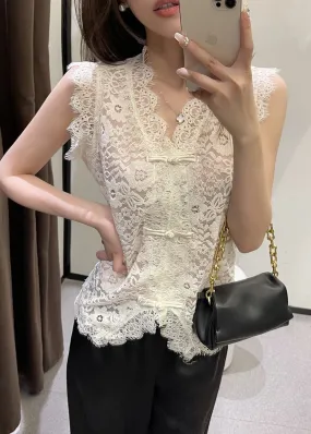 Beige V Neck Button Lace Vest Summer