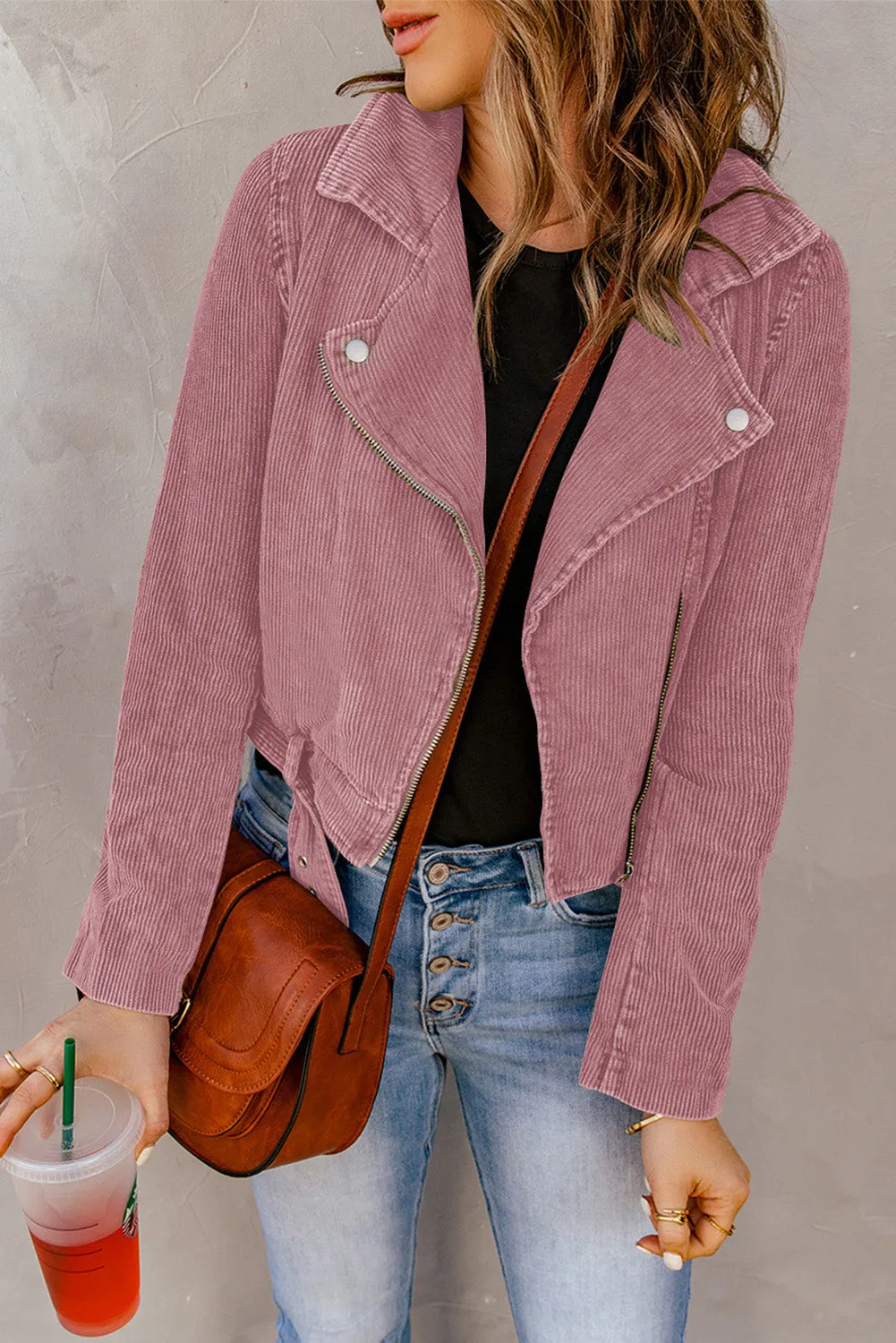 Belted Zip-Up Corduroy Jacket