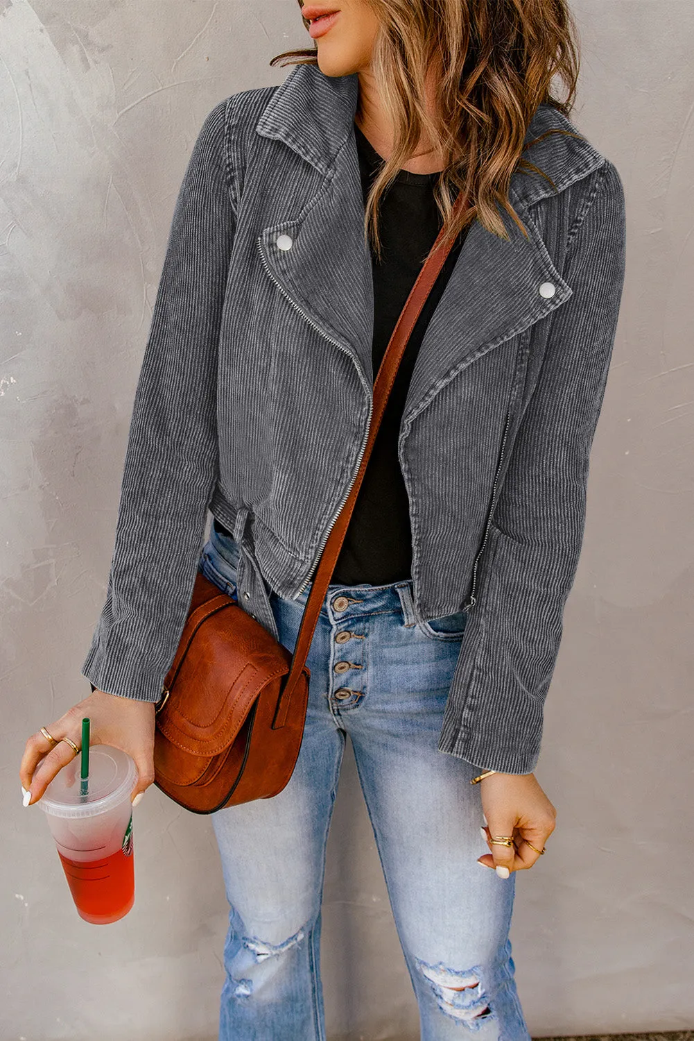 Belted Zip-Up Corduroy Jacket