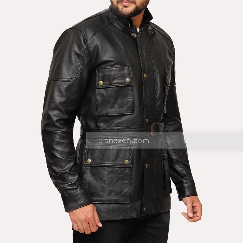 Black Leather 3/4 Length Jacket for Mens - Danezon