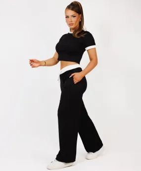 Black Wide Leg Trousers and Ribbed Top Loungewear Set