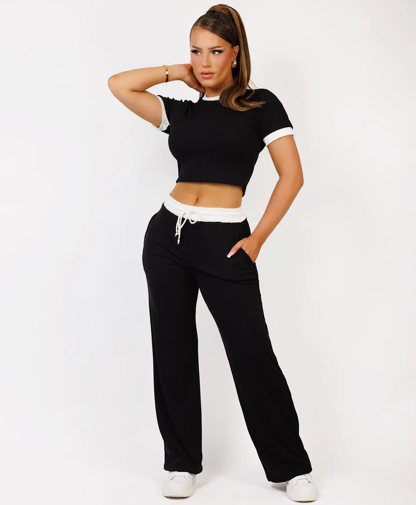 Black Wide Leg Trousers and Ribbed Top Loungewear Set