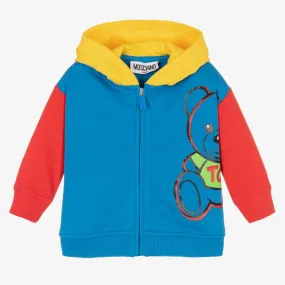 Blue Cotton Hooded Zip-Up Top