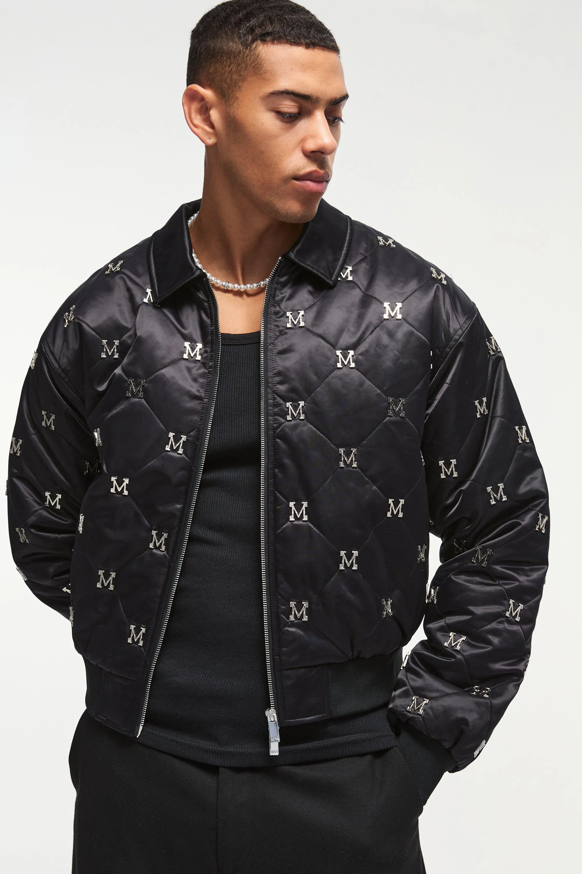 Boxy M Embellished Satin Bomber Jacket In Black