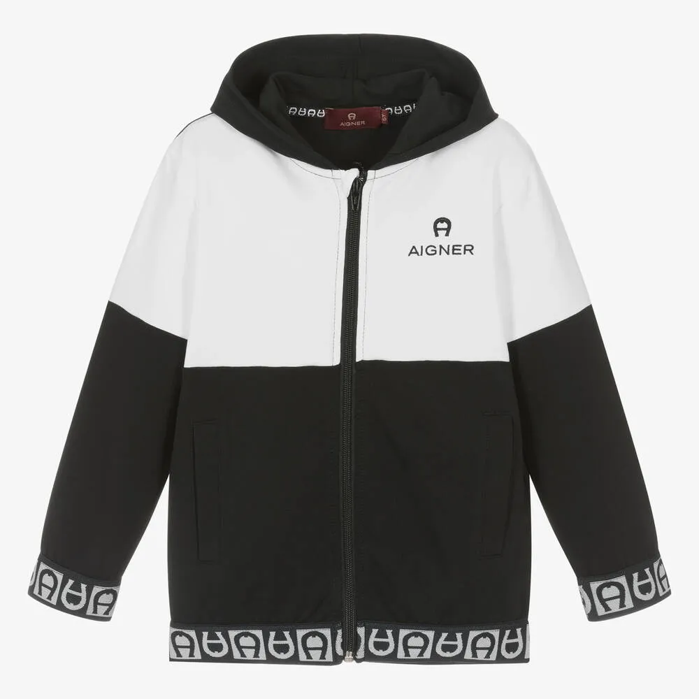 Boys Black Cotton Hooded Zip-Up Top