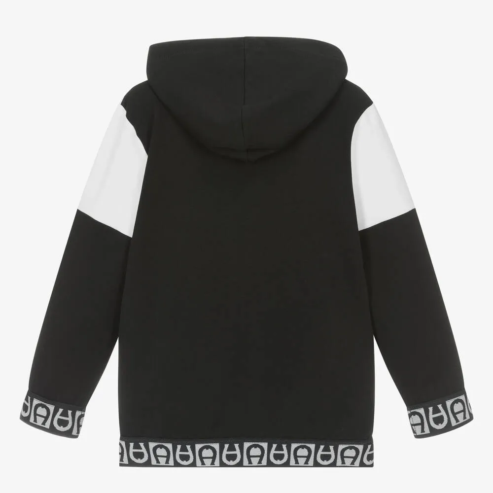 Boys Black Cotton Hooded Zip-Up Top