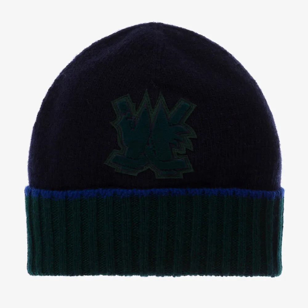 Boys Navy Blue & Green Wool Hat