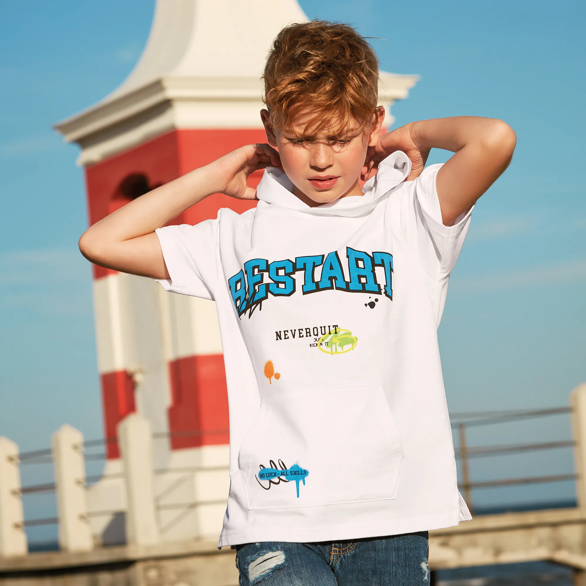 Boys White Cotton Hooded T-Shirt