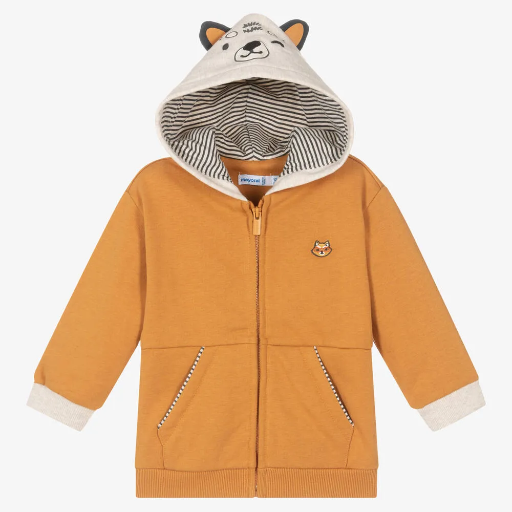 Boys Yellow Cotton Hooded Zip-Up Top