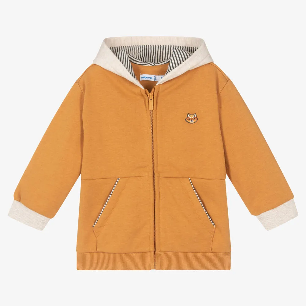 Boys Yellow Cotton Hooded Zip-Up Top