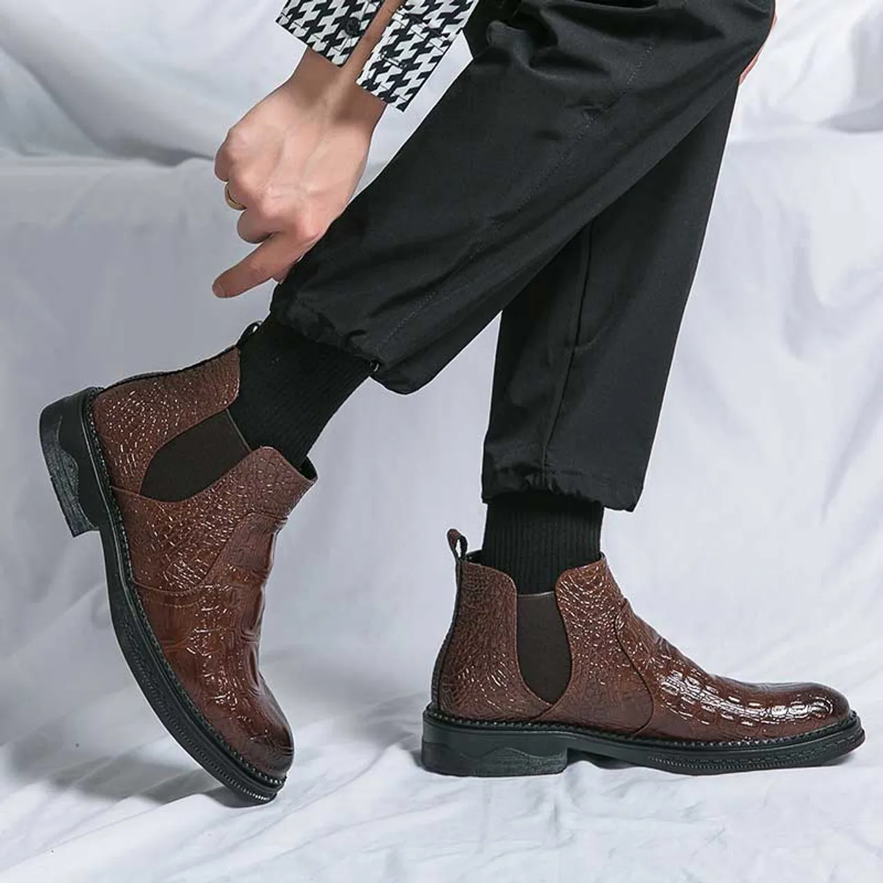 Brown crocodile skin pattern slip on shoe boot