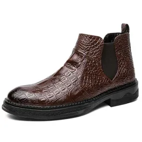 Brown crocodile skin pattern slip on shoe boot