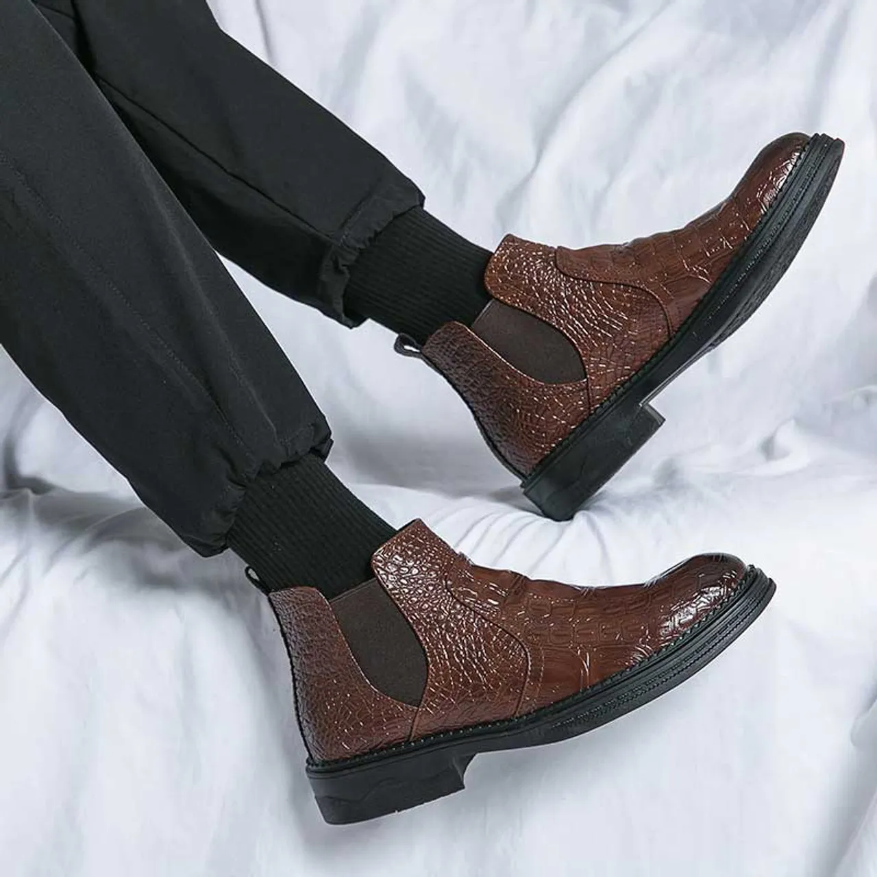 Brown crocodile skin pattern slip on shoe boot