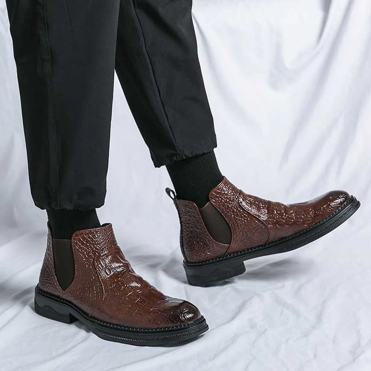 Brown crocodile skin pattern slip on shoe boot