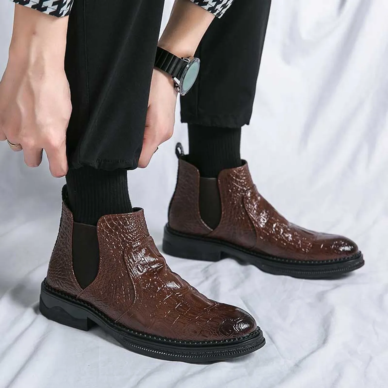 Brown crocodile skin pattern slip on shoe boot