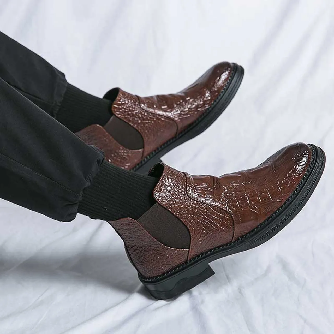 Brown crocodile skin pattern slip on shoe boot