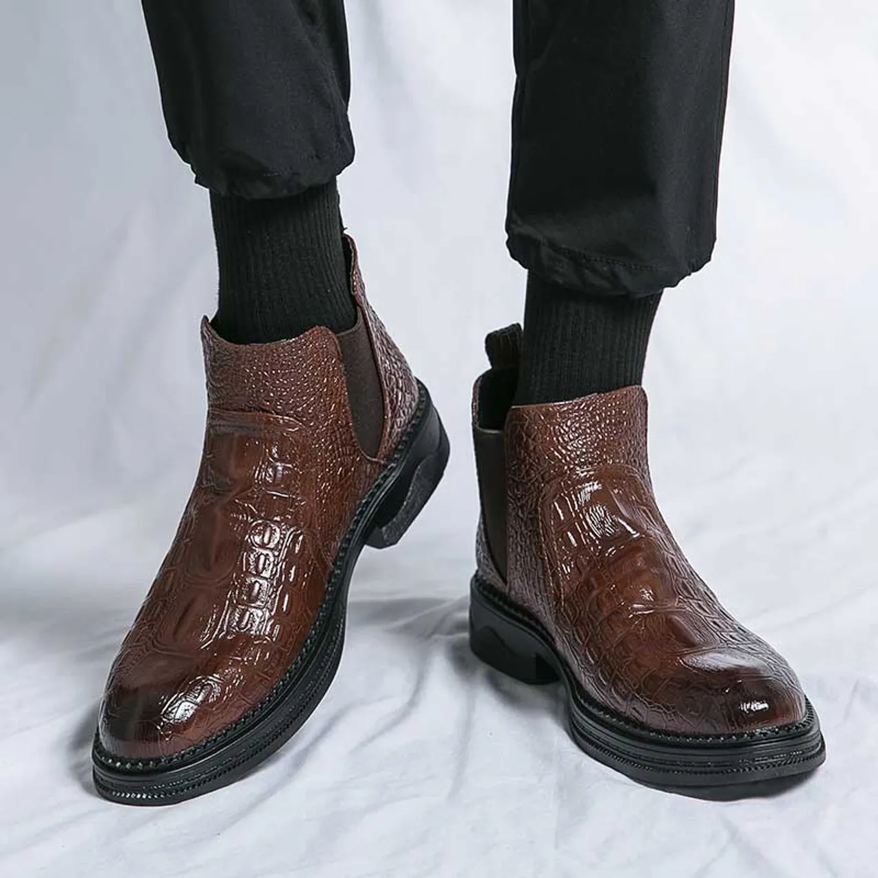 Brown crocodile skin pattern slip on shoe boot