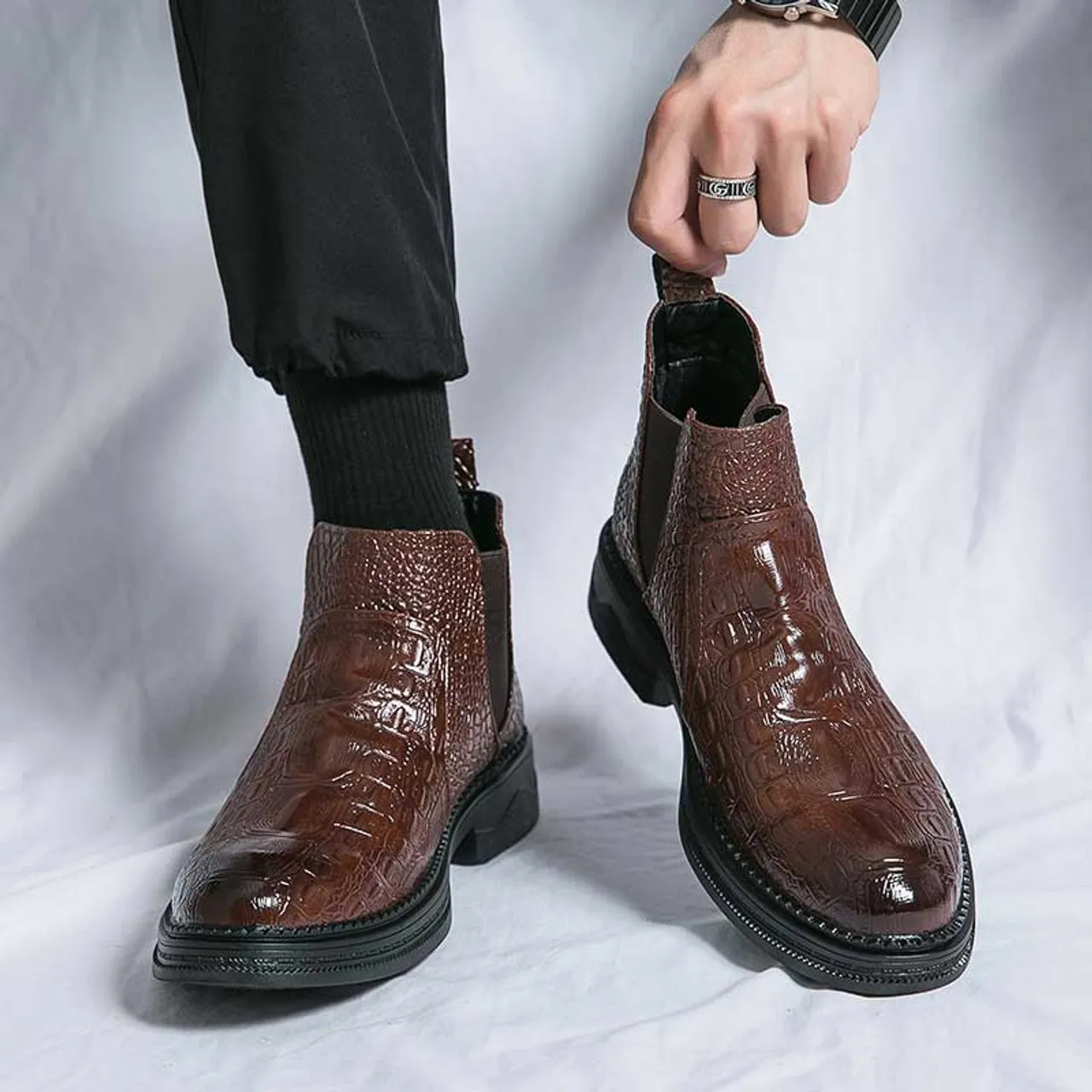 Brown crocodile skin pattern slip on shoe boot