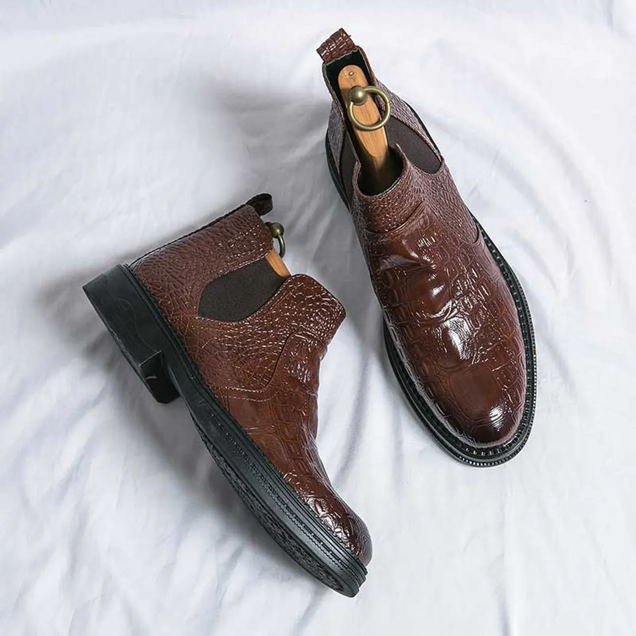 Brown crocodile skin pattern slip on shoe boot