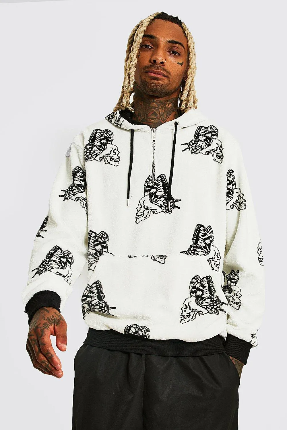 Butterfly Skull Print Borg 1/2 Zip Hoodie | boohooMAN UK