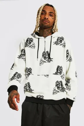 Butterfly Skull Print Borg 1/2 Zip Hoodie | boohooMAN UK