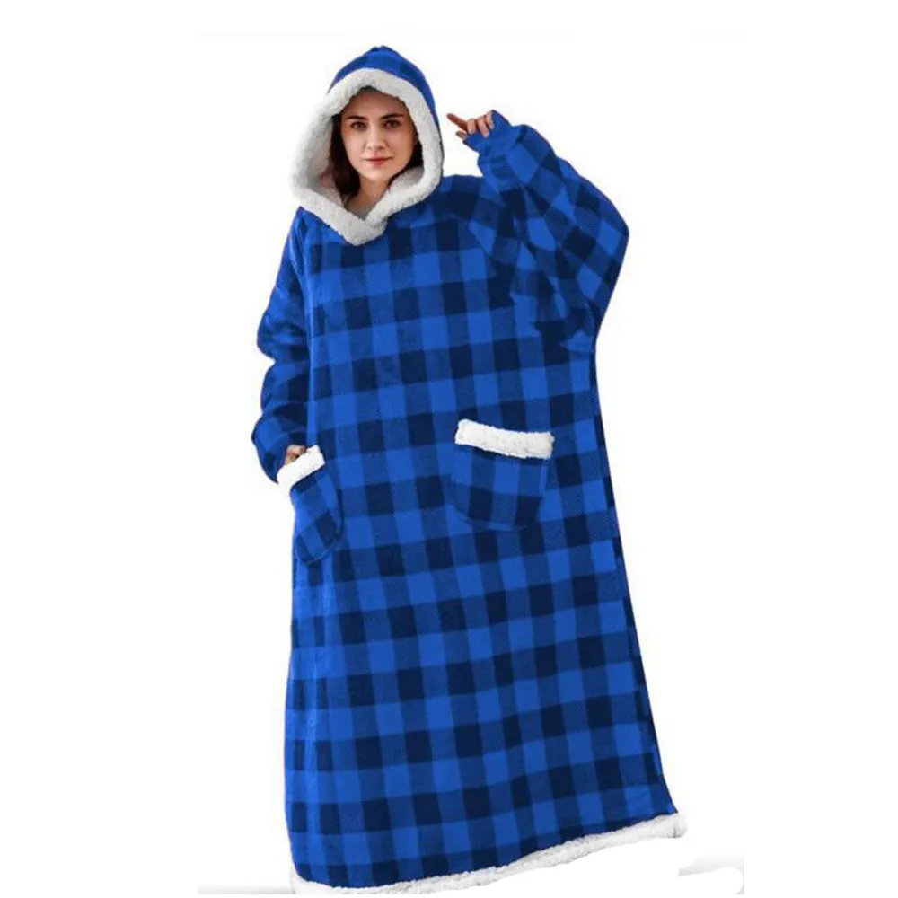 Buy UNISEX Oversized Long Oodie Style Hoodie Blue and Black Checked Blanket Fleece - Fast UK Delivery | Insight Clothing