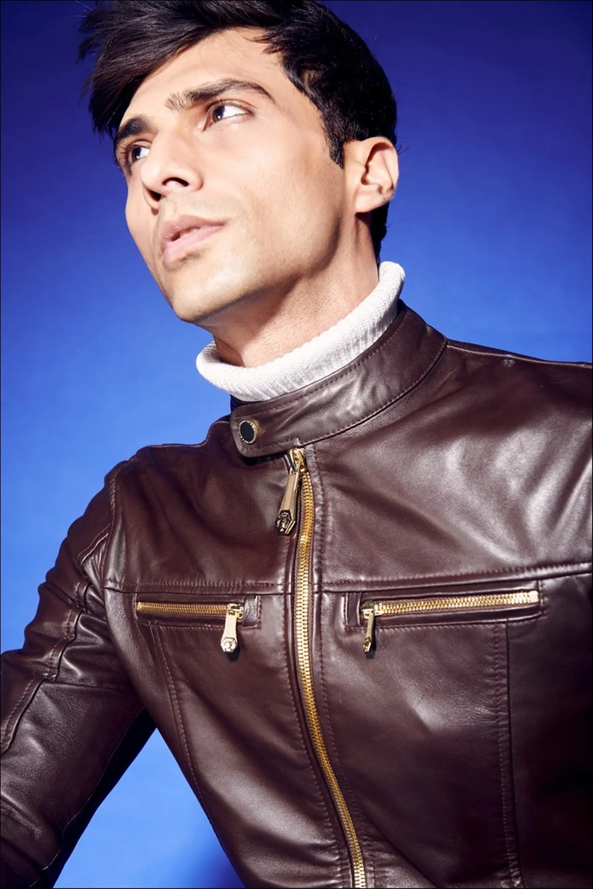 Classic Ban Neck Collar Dark Brown leather Jacket Front Zipper Pockets  By Brune & Bareskin