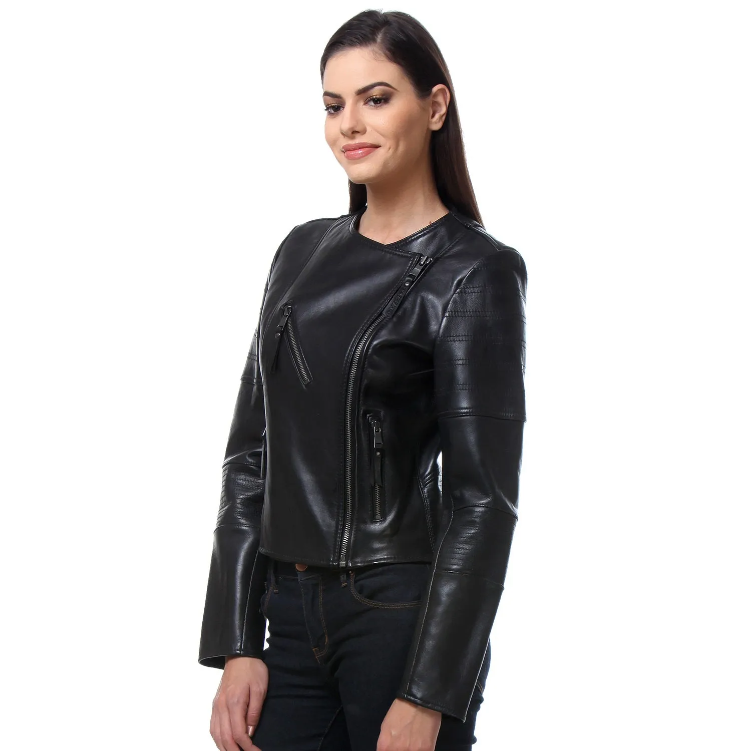 Classic Black Ban Collar Genuine Leather Jacket for Ladies By Brune & Bareskin