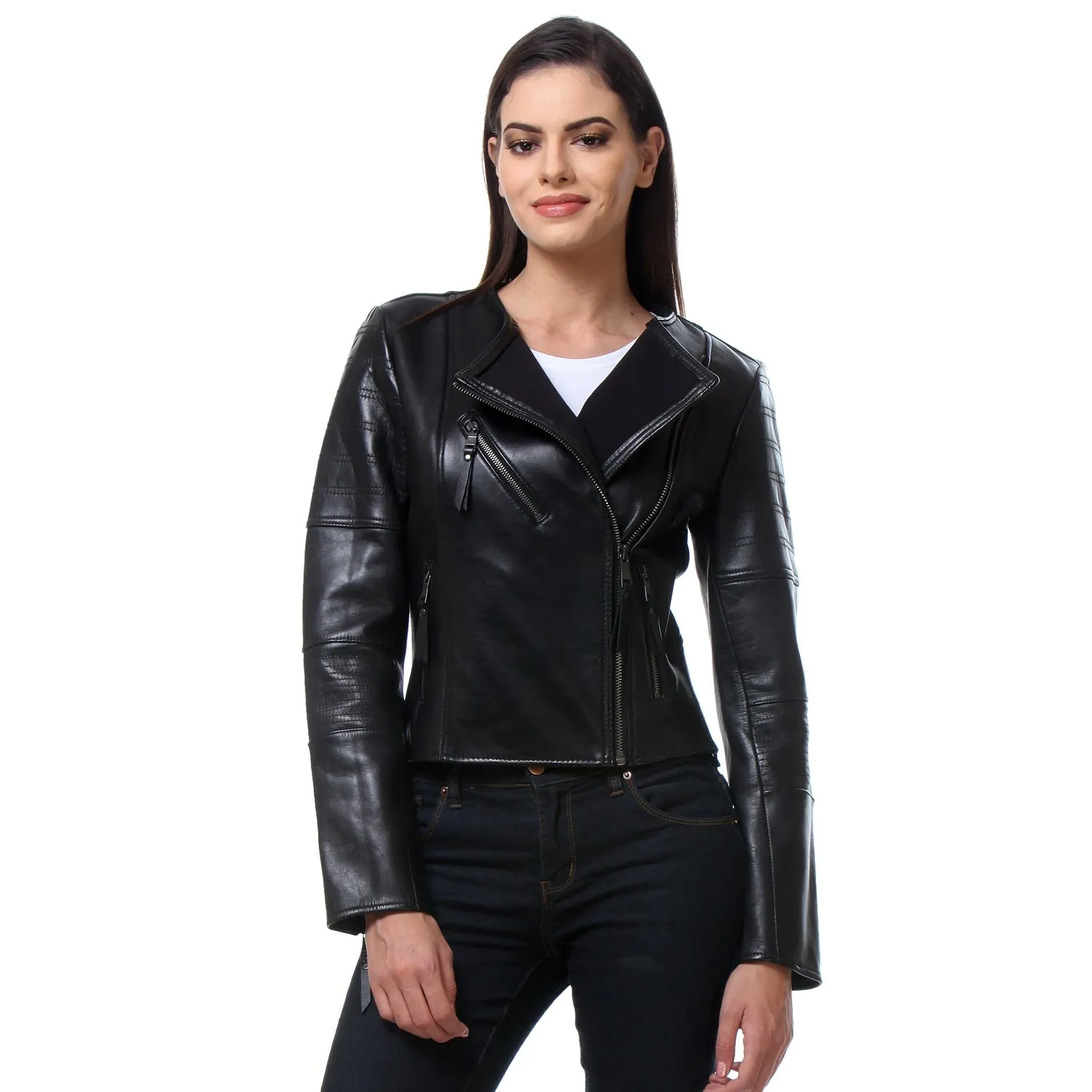 Classic Black Ban Collar Genuine Leather Jacket for Ladies By Brune & Bareskin