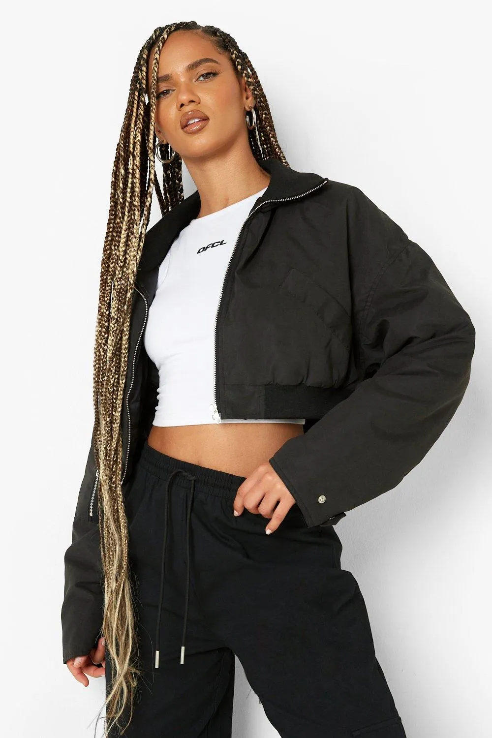 Cropped Padded Funnel Neck Bomber