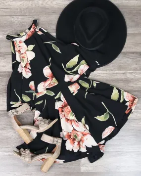 Dance All Night Floral Halter Romper in Black