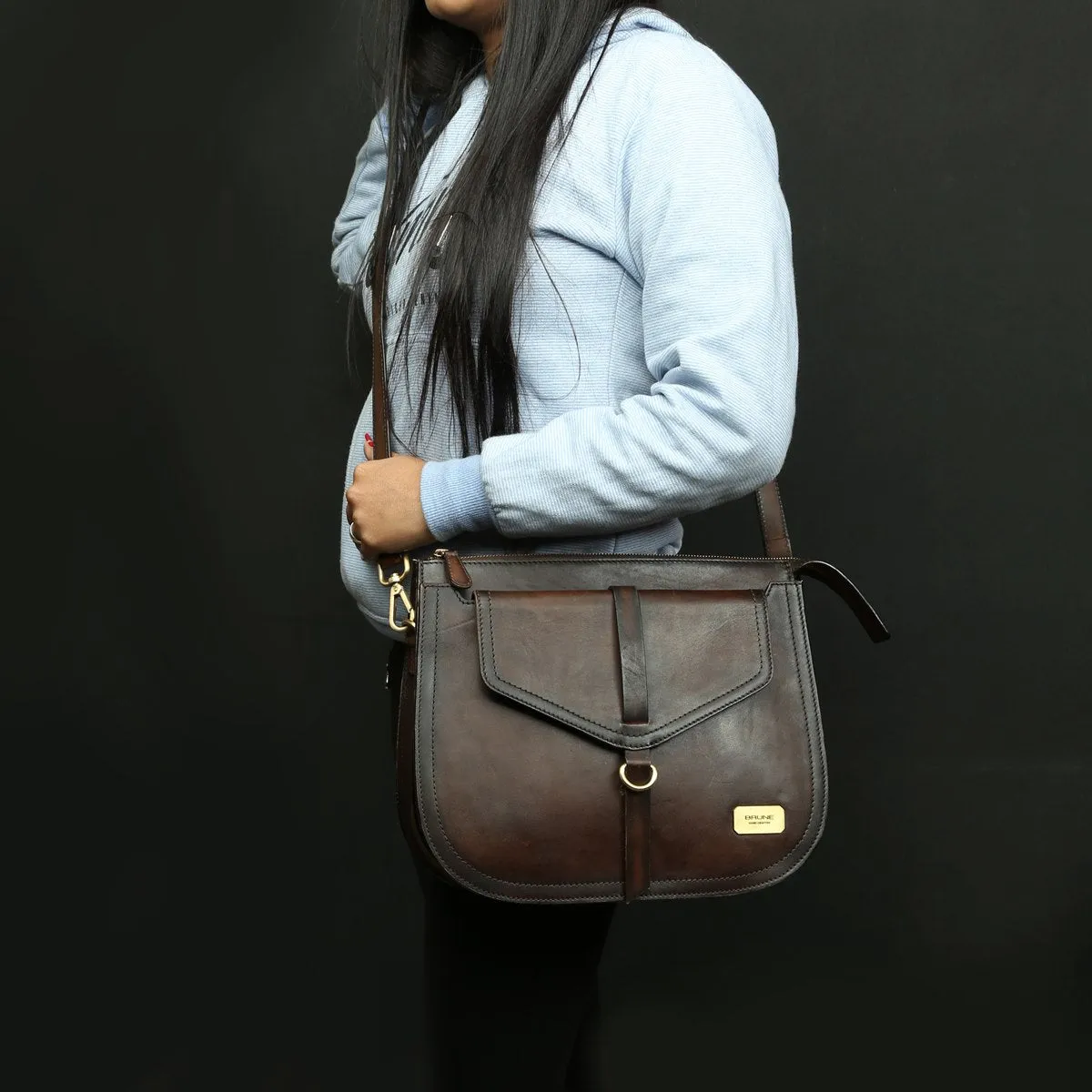 Dark Brown Leather Sleek Look Ladies Sling Bag