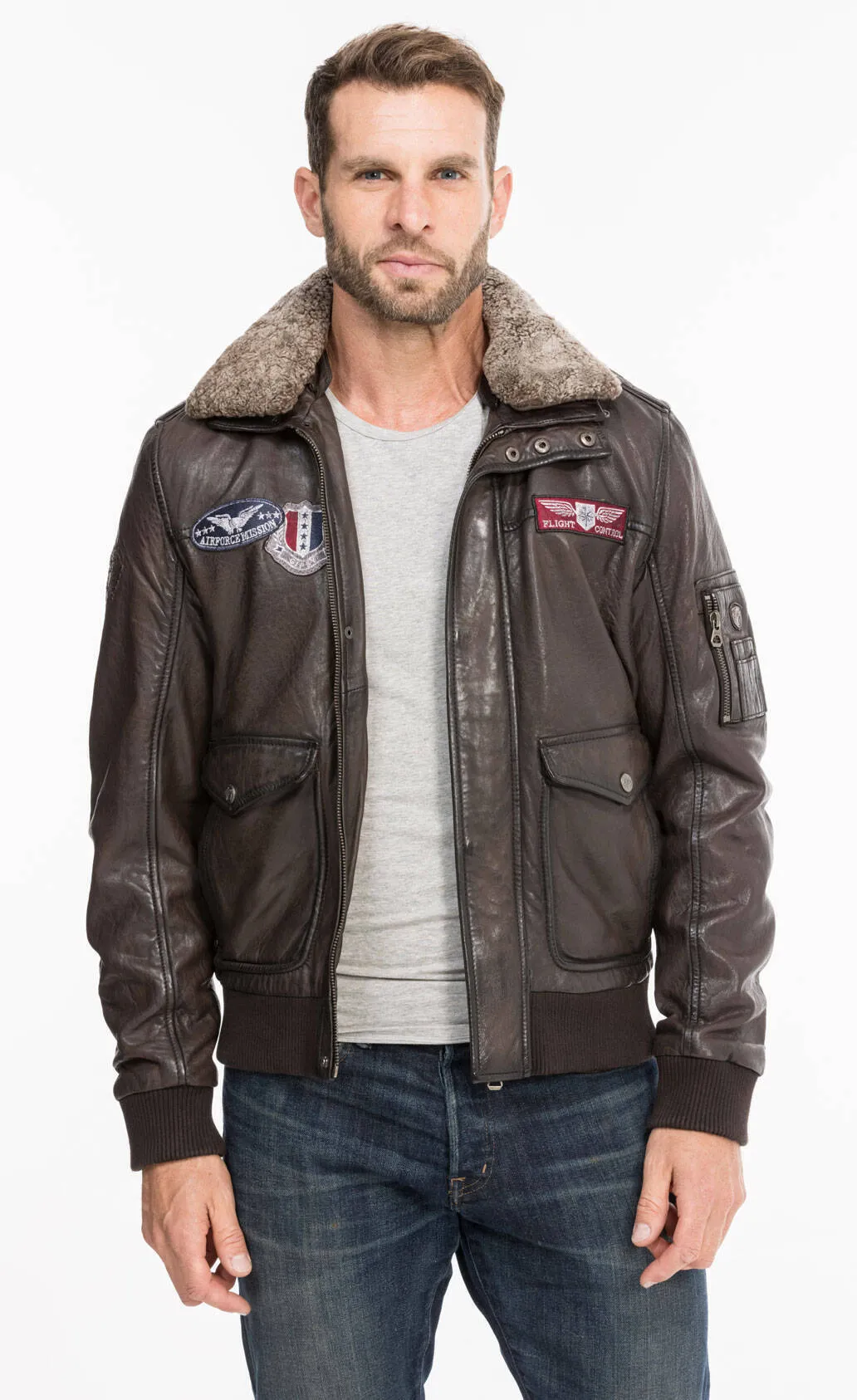 Dark brown men's leather jacket aviator style 13555