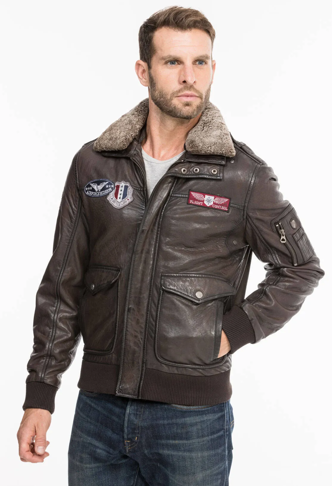 Dark brown men's leather jacket aviator style 13555