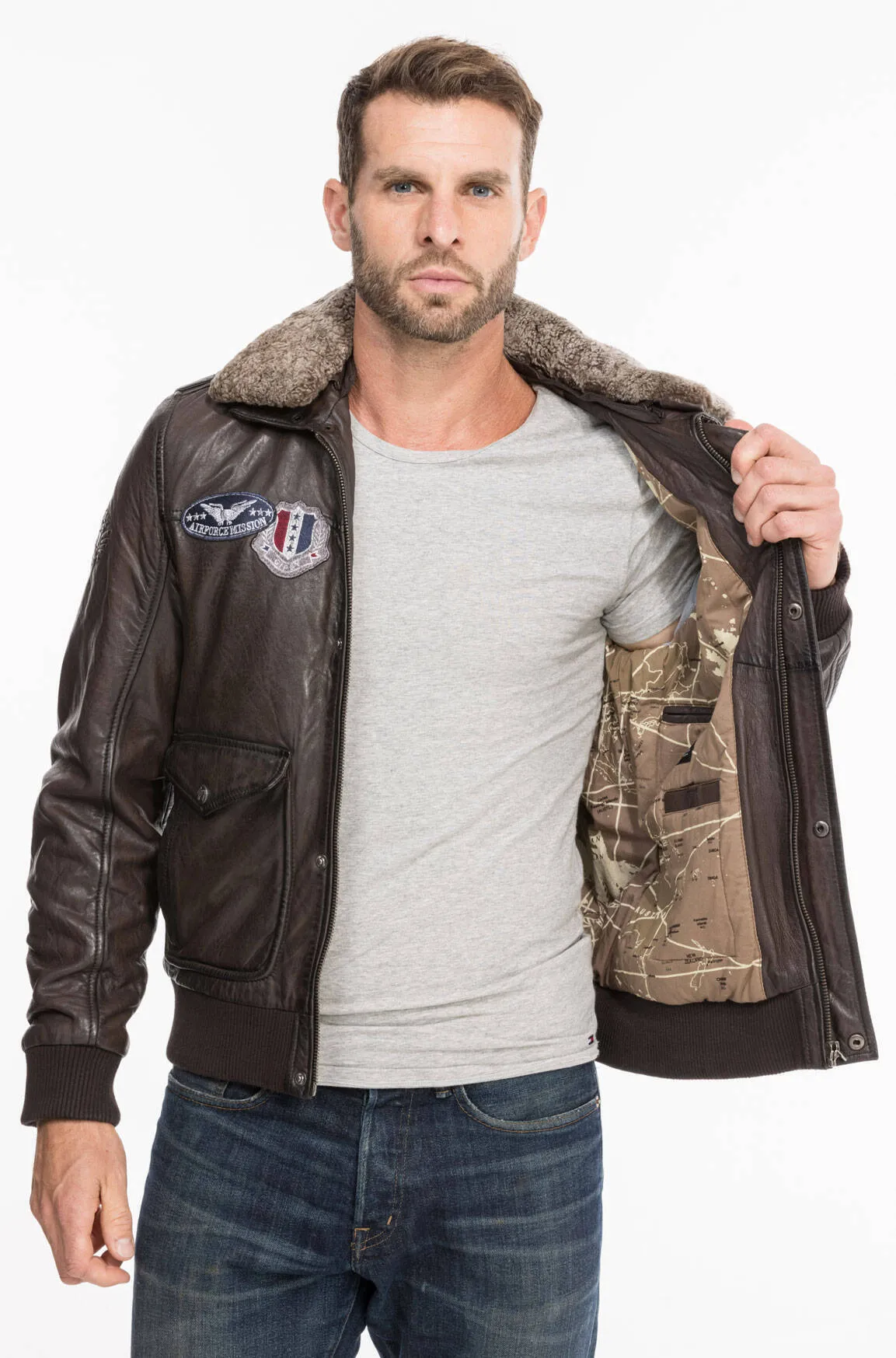 Dark brown men's leather jacket aviator style 13555