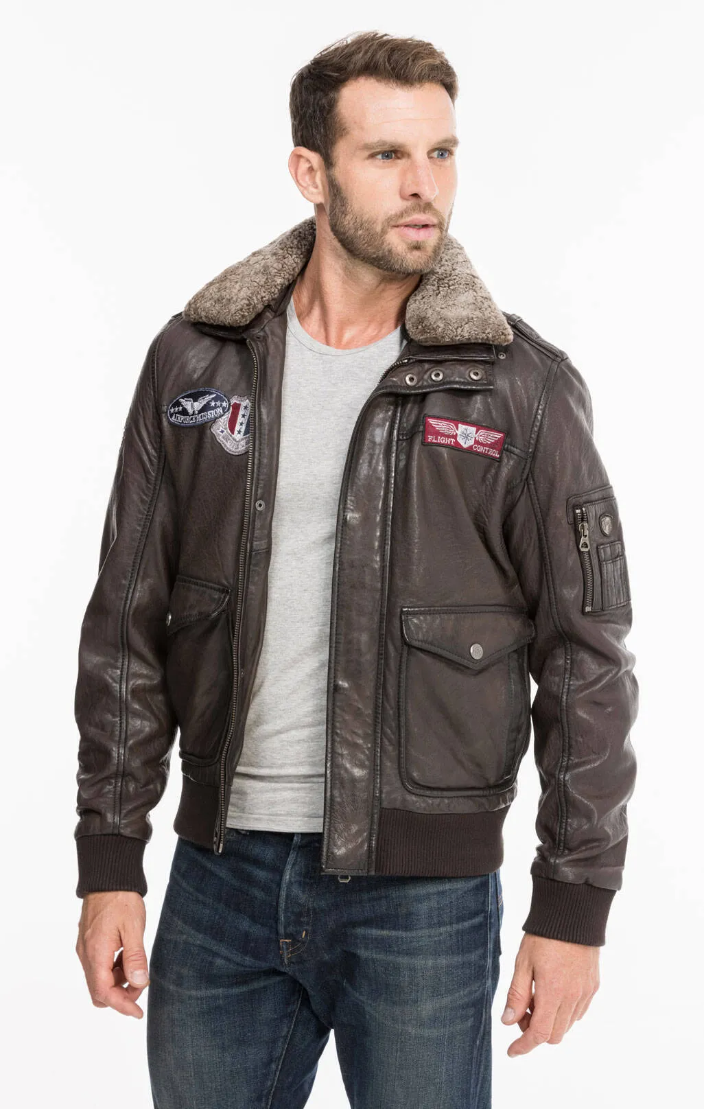 Dark brown men's leather jacket aviator style 13555